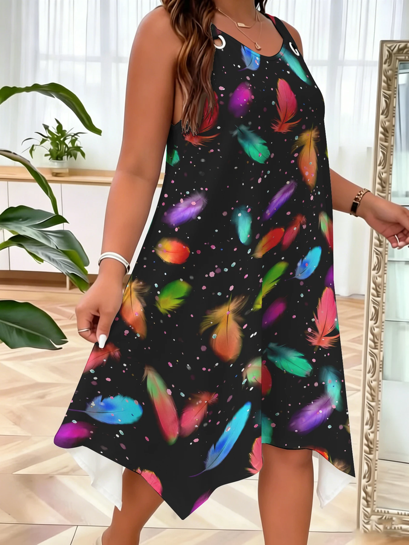 Black Multi-colored Feather Print Plus Size Dress Sleeveless Suspender Dress Irregular Hem Casual Everyday/vacation Dress.
Black Multi-colored Feather Print Plus Size Dress Sleeveless Suspender Dress Irregular Hem Casual Everyday/vacation Dress.