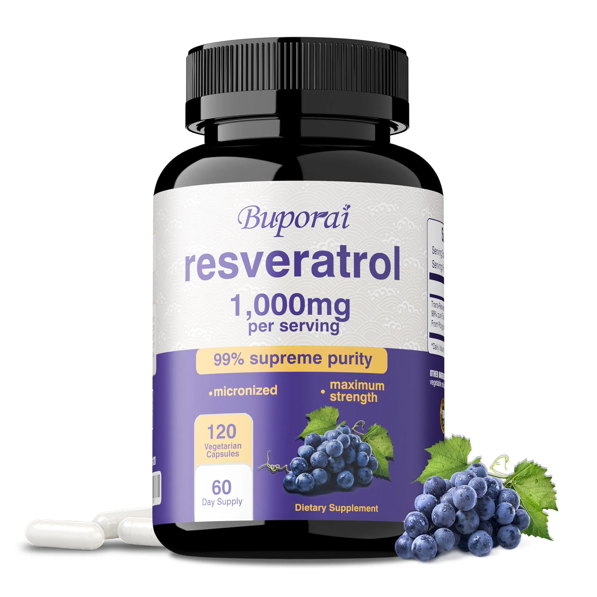Resveratrol Capsules - Antioxidant, Smooth Skin, Promotes Brain, Heart and Cardiovascular Health, Boosts Energy, Non-GMO
Resveratrol Capsules - Antioxidant, Smooth Skin, Promotes Brain, Heart and Cardiovascular Health, Boosts Energy, Non-GMO