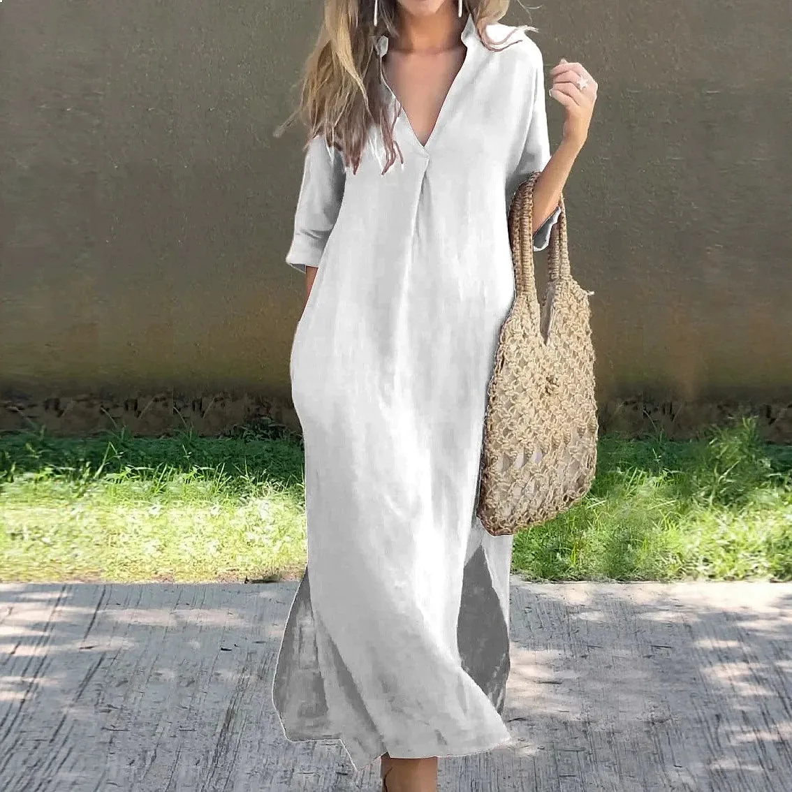 Summer dress with side slit pockets V neck 3/4 sleeve pleated front dresses jumpsuit playsuit
Summer dress with side slit pockets V neck 3/4 sleeve pleated front dresses jumpsuit playsuit