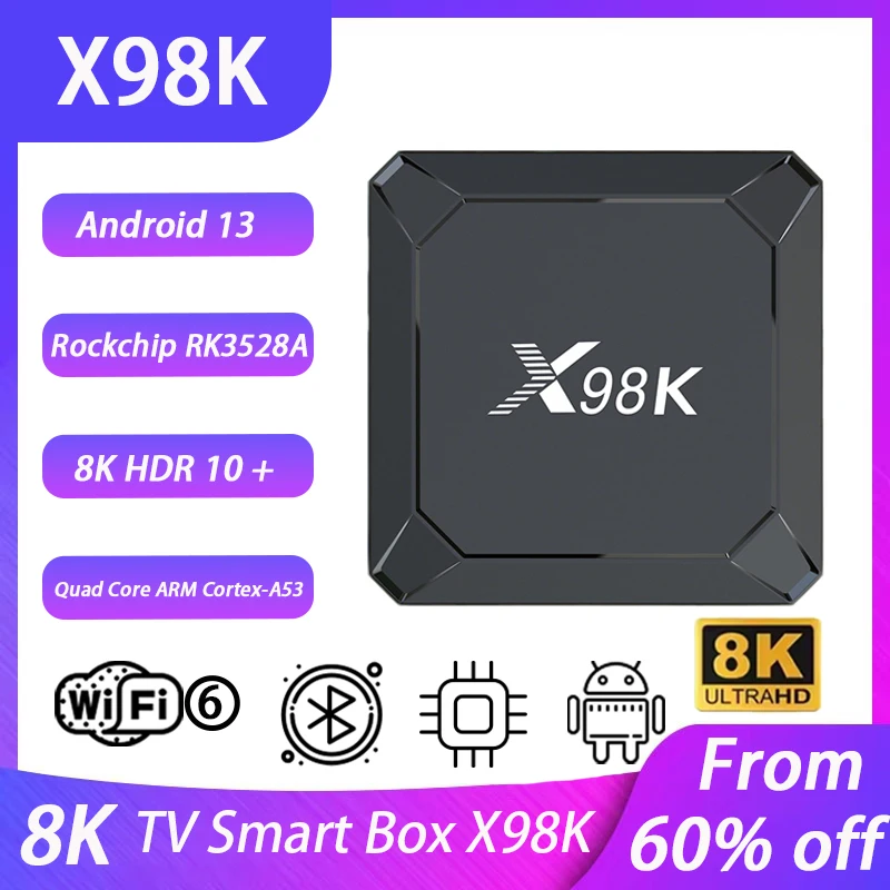 X98K Android13 Smart TV Box 2.4G 5G Dual Wifi RK3528A Quad core ARM Cortex-A35 8k Bluetooth 5.0 Google Voice Media Player Set
X98K Android13 Smart TV Box 2.4G 5G Dual Wifi RK3528A Quad core ARM Cortex-A35 8k Bluetooth 5.0 Google Voice Media Player Set