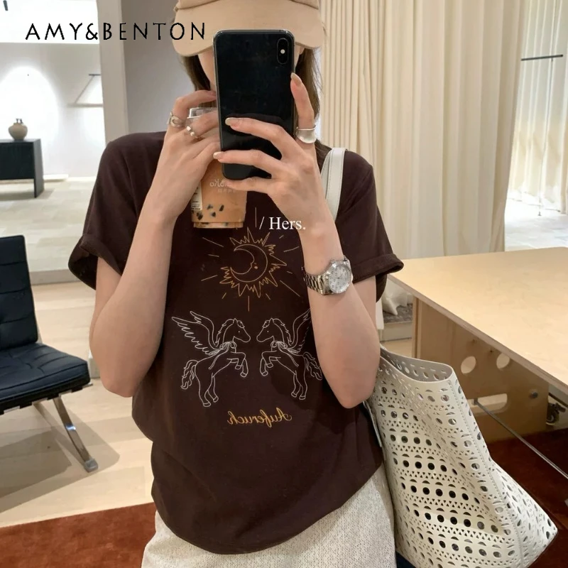 Contrast Color Retro Brown Shoulder Short Sleeves Tshirt Women's Summer New Casual Cartoon Pattern Slimming Top T-shirt Pullover
Contrast Color Retro Brown Shoulder Short Sleeves Tshirt Women's Summer New Casual Cartoon Pattern Slimming Top T-shirt Pullover