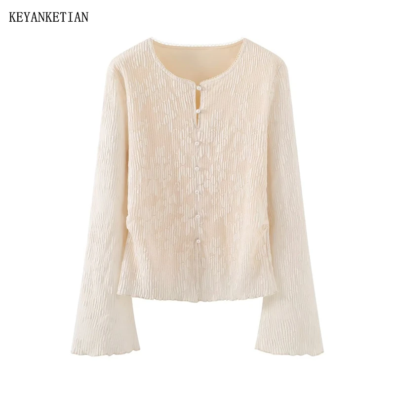 KEYANKETIAN 2026 Summer New Woman Shirt French Romantic Jacquard Top Pearl Buttons Flare Sleeve Elegant Daily Wear Blouse
KEYANKETIAN 2026 Summer New Woman Shirt French Romantic Jacquard Top Pearl Buttons Flare Sleeve Elegant Daily Wear Blouse