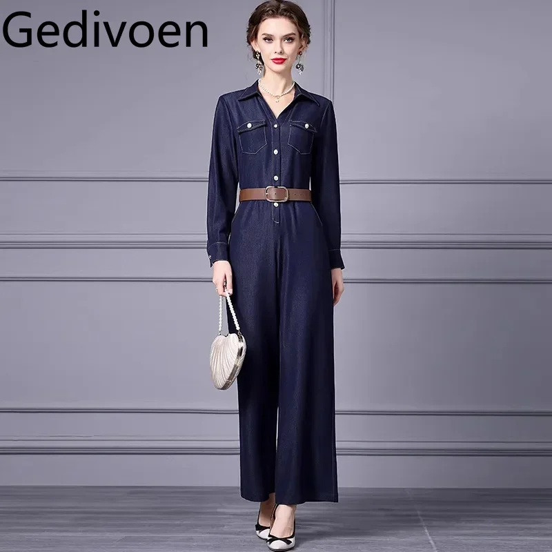 Gedivoen Women's Autumn and winter Turn-Down Collar Long-Sleeved Single-breasted Wide leg pants Fashion Jumpsuits With Belt
Gedivoen Women's Autumn and winter Turn-Down Collar Long-Sleeved Single-breasted Wide leg pants Fashion Jumpsuits With Belt