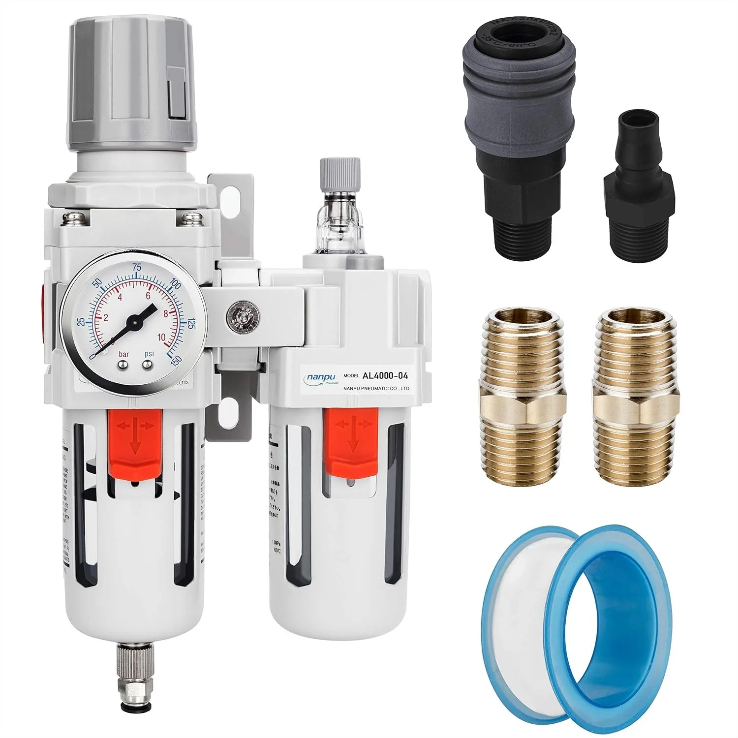 1/2" NPT Compressed Air Filter Regulator Lubricator Combo with Gauge, Water/Oil Trap Separator, 3 in 1 Unit for Air Tools
1/2" NPT Compressed Air Filter Regulator Lubricator Combo with Gauge, Water/Oil Trap Separator, 3 in 1 Unit for Air Tools