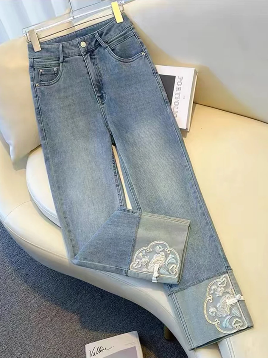 High Waist Retro Straight Leg Denim Jeans Women's Summer plus Size Elastic Nine Point Slimming Tube Pants Chinese National Style
High Waist Retro Straight Leg Denim Jeans Women's Summer plus Size Elastic Nine Point Slimming Tube Pants Chinese National Style