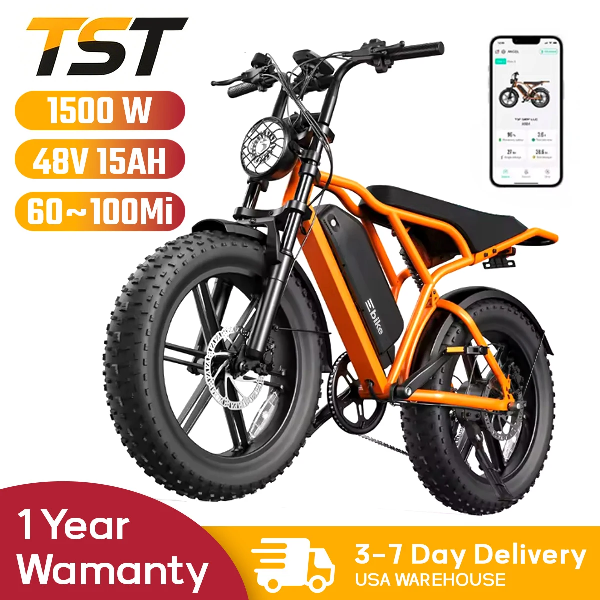 TST R002S 1500W Electric Bike, 20" fat tires, all-terrain, 60-90 miles range, 28MPH, 48V 15/25Ah battery.
TST R002S 1500W Electric Bike, 20" fat tires, all-terrain, 60-90 miles range, 28MPH, 48V 15/25Ah battery.