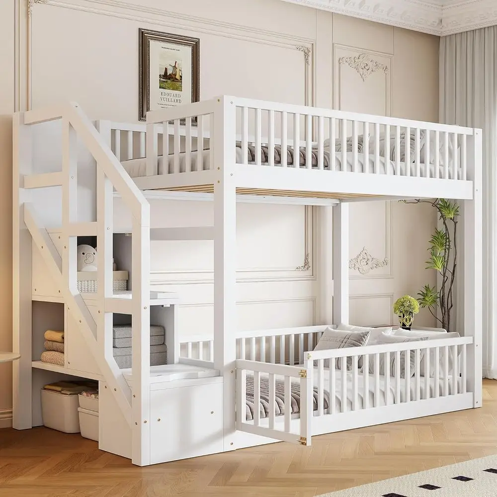 Twin Over Twin Bunk Bed with Storage Stairs, Solid Wood, Door, Guardrails, Space-Saving Design for Kids and Adults, White
Twin Over Twin Bunk Bed with Storage Stairs, Solid Wood, Door, Guardrails, Space-Saving Design for Kids and Adults, White