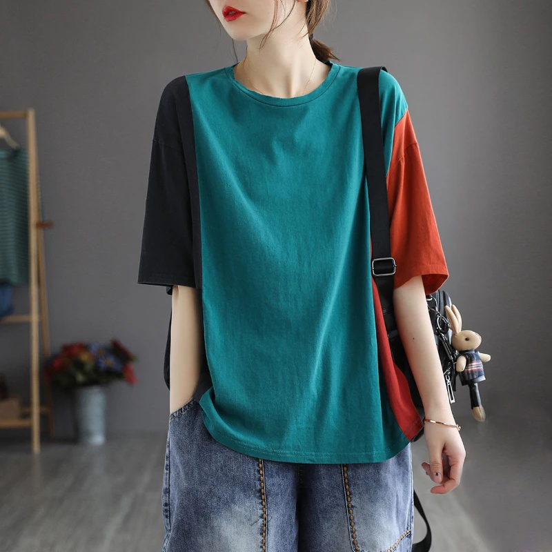 Vintage Contrast T Shirts Summer New Short Sleeve O-neck Patchwork Loose Plus Size All-match Tops Casual Fashion Women Clothing
Vintage Contrast T Shirts Summer New Short Sleeve O-neck Patchwork Loose Plus Size All-match Tops Casual Fashion Women Clothing
