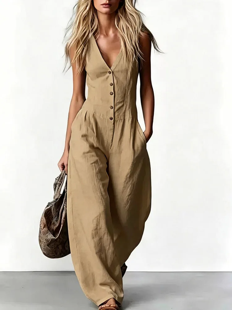 2026 New Fashionable Commuting V-Neck Sleeveless Linen Jumpsuit For Women
2026 New Fashionable Commuting V-Neck Sleeveless Linen Jumpsuit For Women