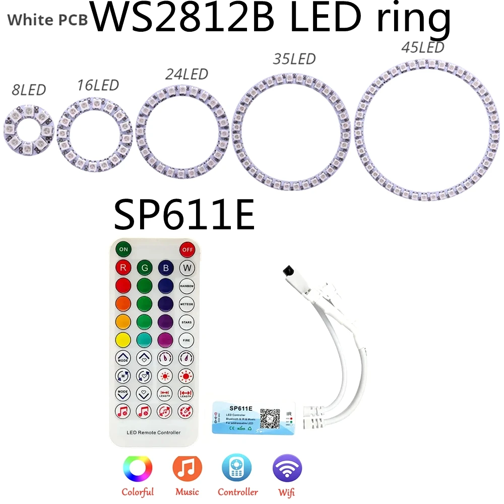 WS2812B Кольцо Кольцо SMD5050 8/16/24/35/45 LED DC5V SP611E Bluetooth Музыкальный плеер RF38 Контроллер ключей DC5V-24V
WS2812B Кольцо Кольцо SMD5050 8/16/24/35/45 LED DC5V SP611E Bluetooth Музыкальный плеер RF38 Контроллер ключей DC5V-24V