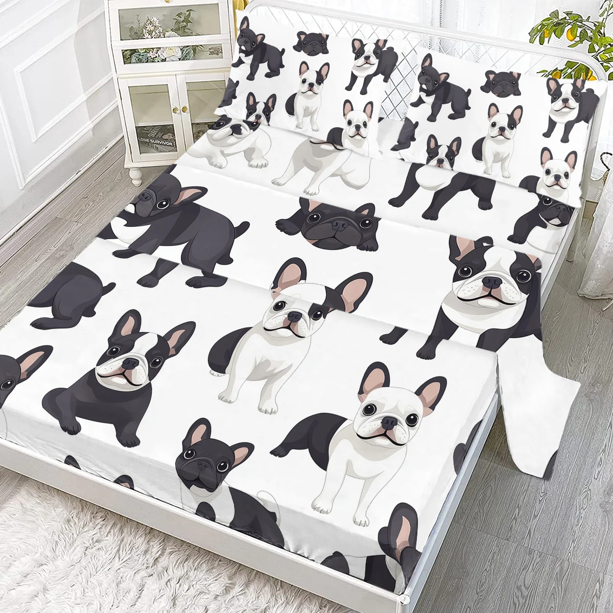 Round eye French bulldog four-piece bed sheet set, including 1 regular bed sheet, 1 king size bed sheet, 2 pillowcases (home)
Round eye French bulldog four-piece bed sheet set, including 1 regular bed sheet, 1 king size bed sheet, 2 pillowcases (home)