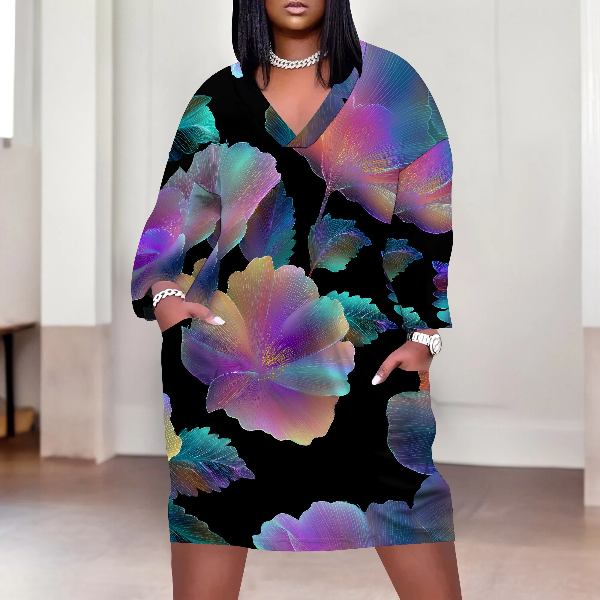 Gradient Floral Print V-Neck Dress XL-6XL Loose Fit 3/4 Sleeve Style for Cocktail Party, Summer Brunch or Evening Look
Gradient Floral Print V-Neck Dress XL-6XL Loose Fit 3/4 Sleeve Style for Cocktail Party, Summer Brunch or Evening Look