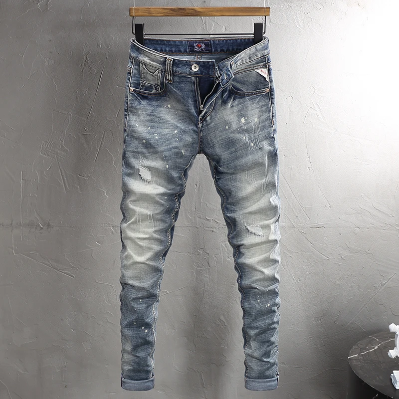 Street Fashion Men Jeans High Quality Retro Blue Stretch Slim Fit Patched Ripped Jeans Men Painted Designer Vintage Denim Pants
Street Fashion Men Jeans High Quality Retro Blue Stretch Slim Fit Patched Ripped Jeans Men Painted Designer Vintage Denim Pants