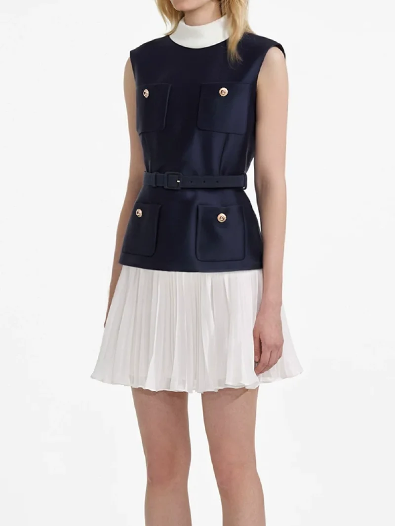 2026 Women's Fashion Mini Dress Color Contrast Stand Collar Sleeveless High Waist Elegant Female Dresses
2026 Women's Fashion Mini Dress Color Contrast Stand Collar Sleeveless High Waist Elegant Female Dresses