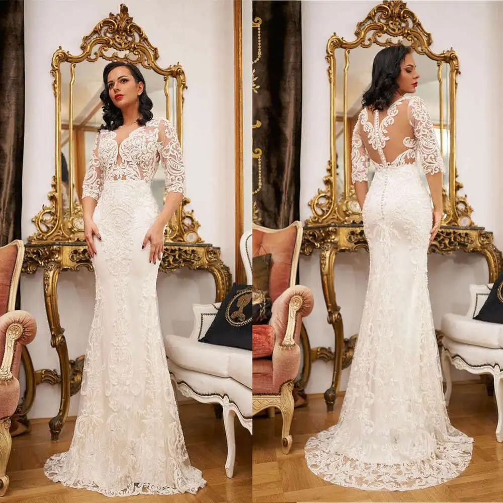 Mermaid Sweep Train Appliques Wedding Dresses: V-Neck Long Sleeve Bridal Gown With Lace
Mermaid Sweep Train Appliques Wedding Dresses: V-Neck Long Sleeve Bridal Gown With Lace