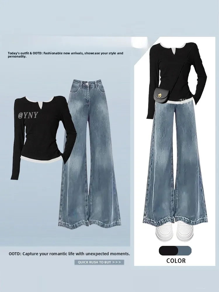 Fashionable College Style Two-Piece Set T-Shirt And Jeans Slimming Women's Autumn Outfit Fake Two-Piece Set Casual Wear
Fashionable College Style Two-Piece Set T-Shirt And Jeans Slimming Women's Autumn Outfit Fake Two-Piece Set Casual Wear