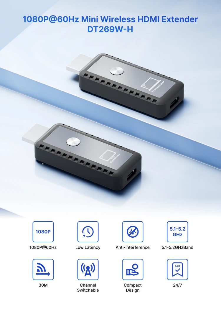 Wireless Extender Plug and Play 30 Meters 1080P@60HZ Can Be Transmitted To High-definition TV/display Screen/projector
Wireless Extender Plug and Play 30 Meters 1080P@60HZ Can Be Transmitted To High-definition TV/display Screen/projector