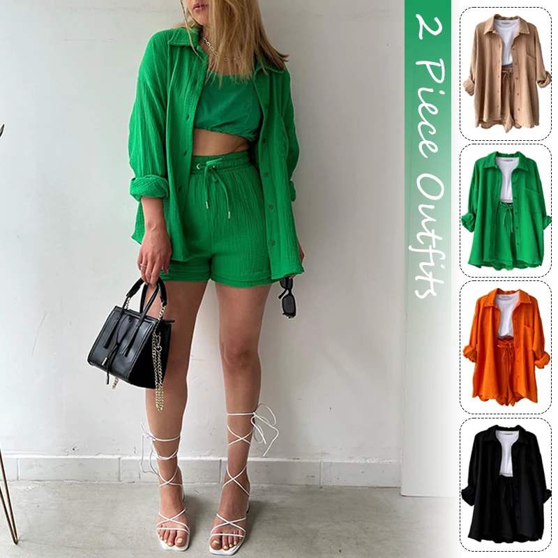 Fashion Women's Two-Piece Long Sleeved Shirt High Waisted Drawstring Shorts Casual Set Wrinkled Fabric Korean Casual Suit
Fashion Women's Two-Piece Long Sleeved Shirt High Waisted Drawstring Shorts Casual Set Wrinkled Fabric Korean Casual Suit