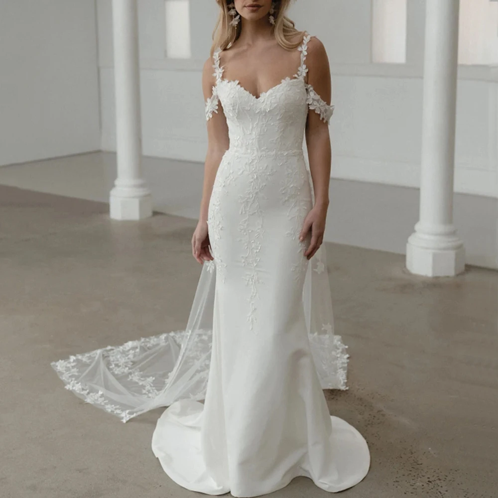 Spaghetti Straps with Applique Wedding Dress V-Neck Off the Shoulder Delicate Floral Mermaid with Tulle Sweep Train Custom Gown
Spaghetti Straps with Applique Wedding Dress V-Neck Off the Shoulder Delicate Floral Mermaid with Tulle Sweep Train Custom Gown