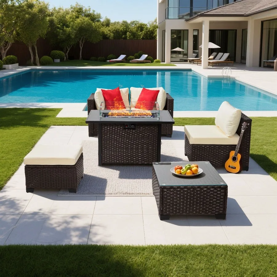 Outdoor patio furniture set: wicker rattan sectional conversation set with 50000BTU propane fire pit table, beige cushions, wea
Outdoor patio furniture set: wicker rattan sectional conversation set with 50000BTU propane fire pit table, beige cushions, wea