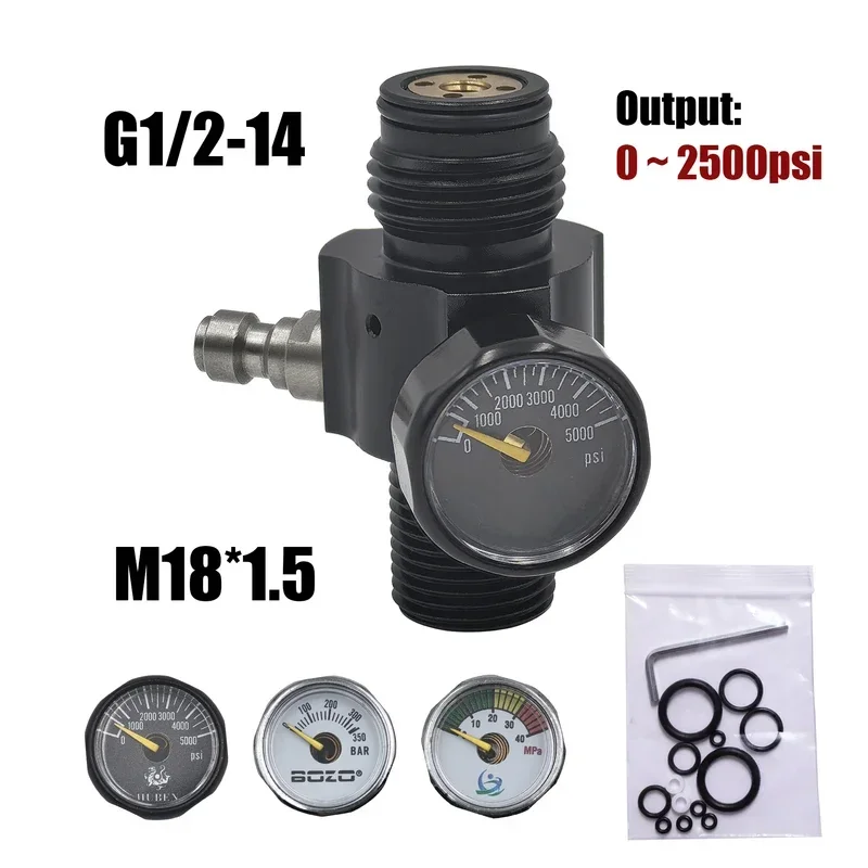 Air Tank Cylinder Regulator Valve, Output Pressure Adjustable, 0 to 2500psi, Threads, M18 * 1.5, 40Mpa, 350Bar, 5000Psi Gauge 
Air Tank Cylinder Regulator Valve, Output Pressure Adjustable, 0 to 2500psi, Threads, M18 * 1.5, 40Mpa, 350Bar, 5000Psi Gauge