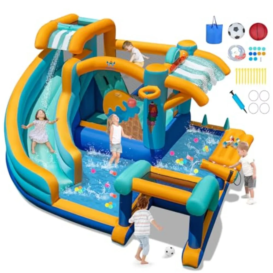 Outdoor indoor water bounce house for kids 3-12, PVC vinyl, blue/red, wet-dry dual-use with pool, football goal, basketball hoo
Outdoor indoor water bounce house for kids 3-12, PVC vinyl, blue/red, wet-dry dual-use with pool, football goal, basketball hoo