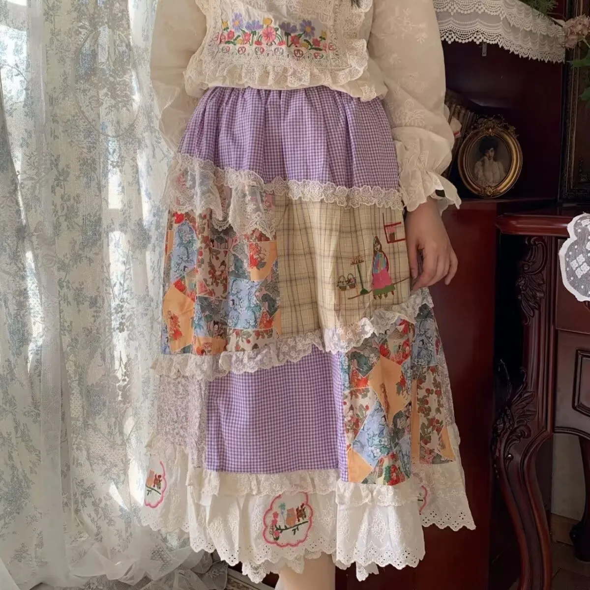 Purple Color Female Sweet Cotton Ruffled Lace Plaid Patchwork Embroidery Midi Skirt Mori Girl Cottagecore Lolita Long Skirt
Purple Color Female Sweet Cotton Ruffled Lace Plaid Patchwork Embroidery Midi Skirt Mori Girl Cottagecore Lolita Long Skirt