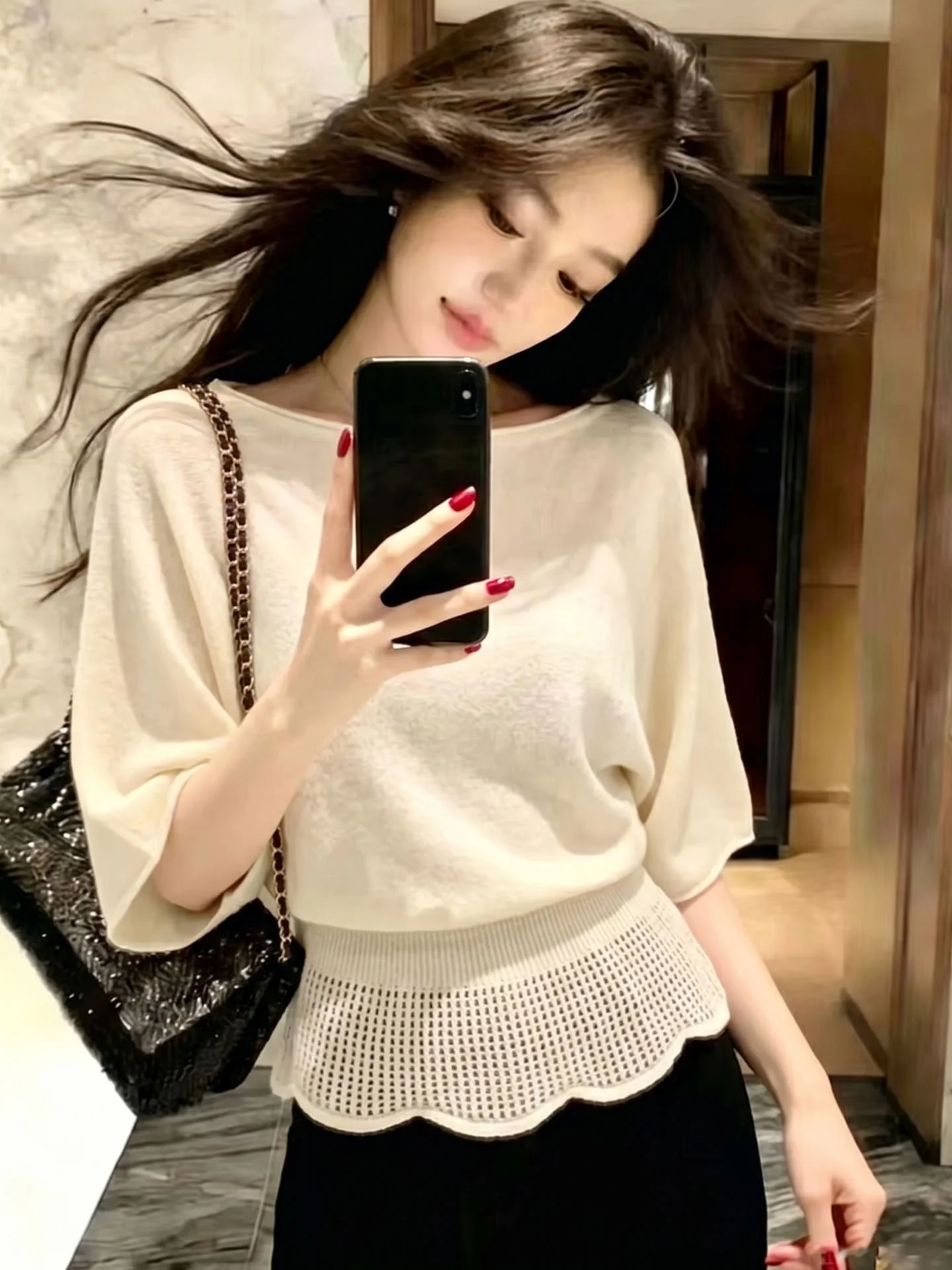 Soft Skin-Friendly Knitted Top Women's Commute Style Hollow out Fashionable Squeeze Waist Summer Five-Quarter Sleeve Pure Color
Soft Skin-Friendly Knitted Top Women's Commute Style Hollow out Fashionable Squeeze Waist Summer Five-Quarter Sleeve Pure Color