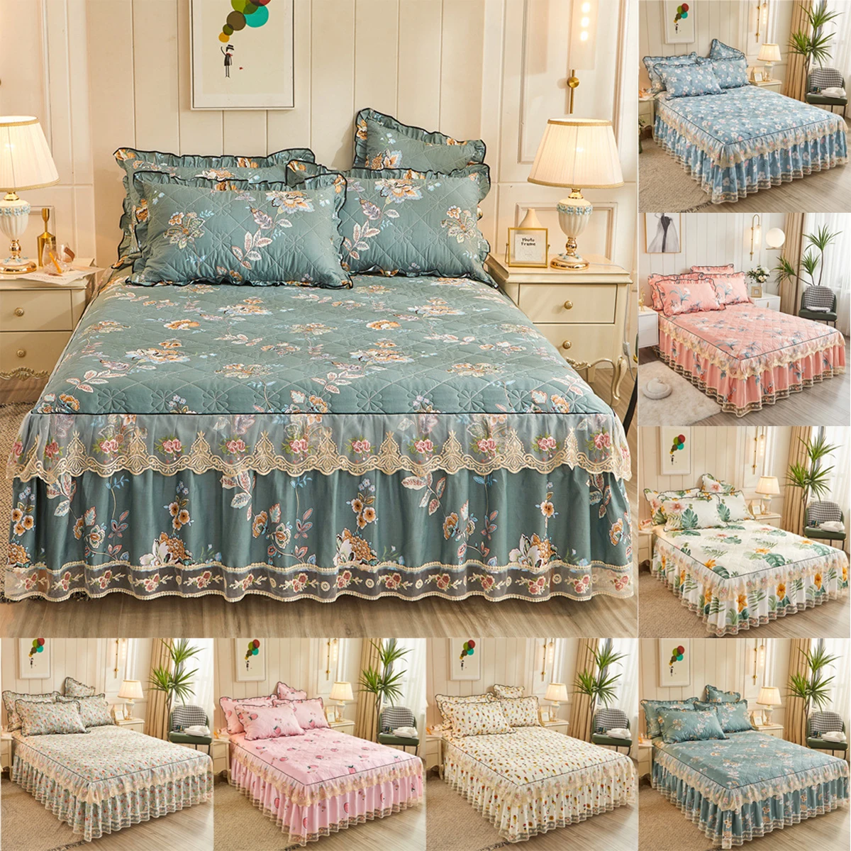 Korean Ruffle Floral Print Quilted Bed Skirt Thicken Fitted Sheet Non-slip Bedsheets Single Double Bedspread Girls Bed Linens 
Korean Ruffle Floral Print Quilted Bed Skirt Thicken Fitted Sheet Non-slip Bedsheets Single Double Bedspread Girls Bed Linens