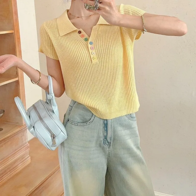 Women Clothes Summer Fashion Korean Button Solid Color Polo Collar Ladies Simplicity Trend Temperament Slim Short Sleeve Tshirt
Women Clothes Summer Fashion Korean Button Solid Color Polo Collar Ladies Simplicity Trend Temperament Slim Short Sleeve Tshirt
