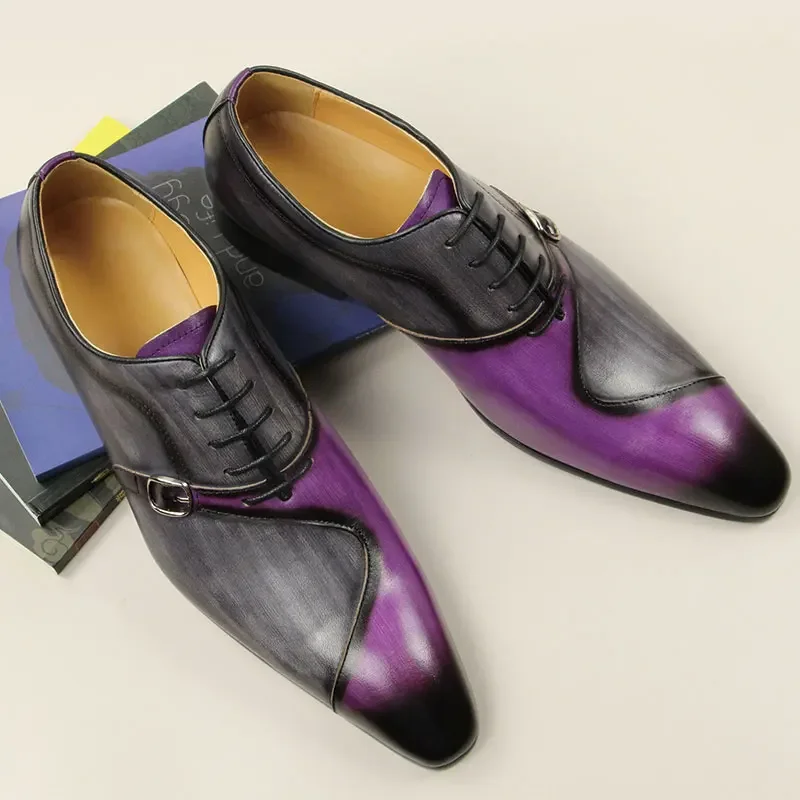 Pop Men Leather Shoes High Quality Oxford Lace Up Side Metal Buckle Gray Purple Color Matching Handmade Business Office Formal S
Pop Men Leather Shoes High Quality Oxford Lace Up Side Metal Buckle Gray Purple Color Matching Handmade Business Office Formal S