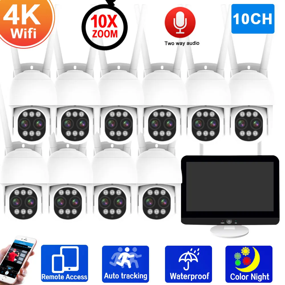 Беспроводная система видеонаблюдения, 4K PTZ, Wi-Fi, 12,5 дюйма, ЖК-монитор, 10 каналов, система NVR CCTV
Беспроводная система видеонаблюдения, 4K PTZ, Wi-Fi, 12,5 дюйма, ЖК-монитор, 10 каналов, система NVR CCTV