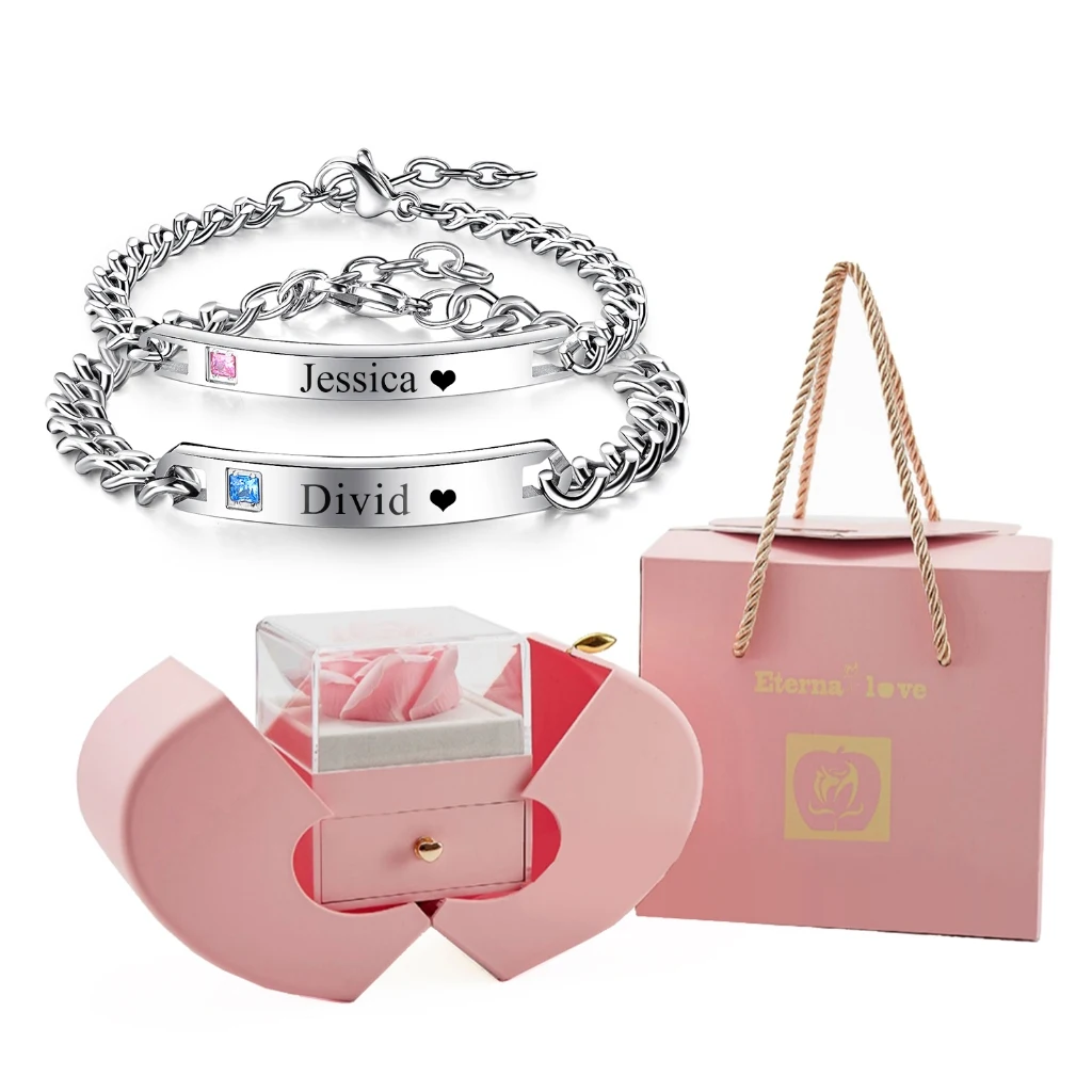 Custom Name Couple Bracelets Gift Set – Stainless Steel Engraved His & Hers Jewelry with Eternal Rose Apple Box
Custom Name Couple Bracelets Gift Set – Stainless Steel Engraved His & Hers Jewelry with Eternal Rose Apple Box