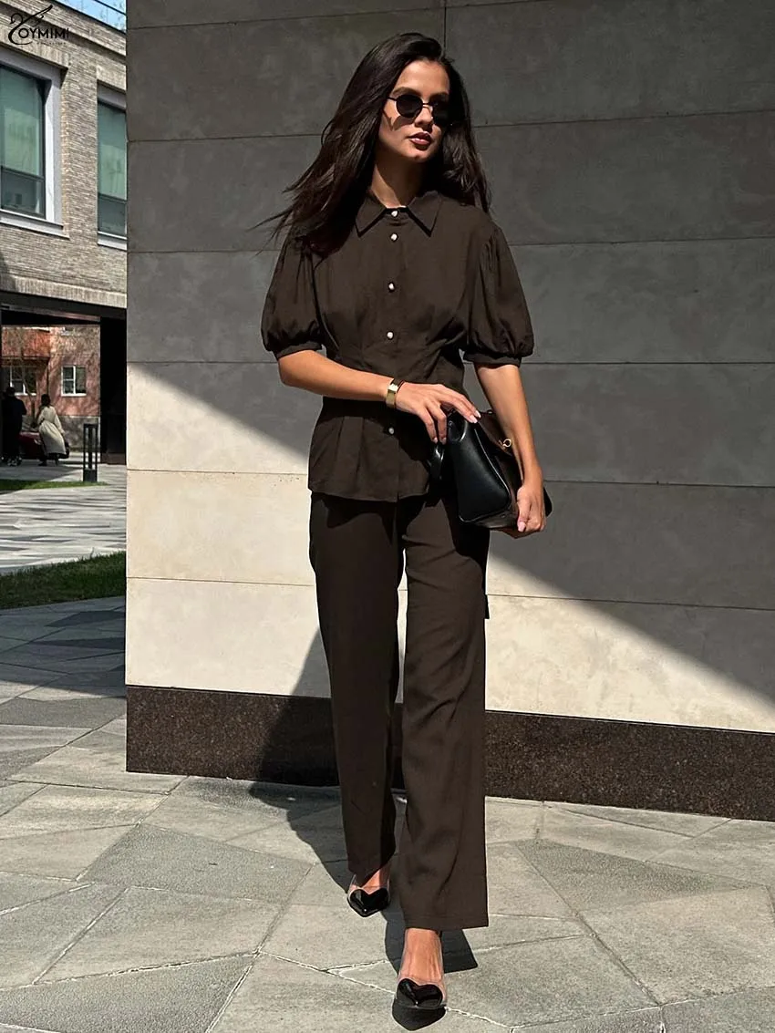 Oymimi модный коричневый комплект из 2 предметов для женщин, элегантные рубашки с короткими рукавами и пуговицами с лацканами и простые прямые брюки, женские комплекты 
Oymimi модный коричневый комплект из 2 предметов для женщин, элегантные рубашки с короткими рукавами и пуговицами с лацканами и простые прямые брюки, женские комплекты
