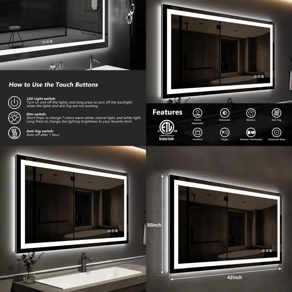 42 x 30 LED Illuminated Mirror, Bathroom Vanity Backlit, Anti-Fog, Dimmable, Square Design, Horizontal Mount, Silver Frame
42 x 30 LED Illuminated Mirror, Bathroom Vanity Backlit, Anti-Fog, Dimmable, Square Design, Horizontal Mount, Silver Frame