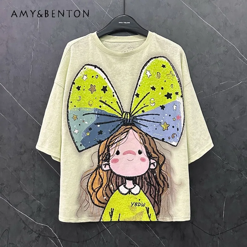 Summer New Cartoon Painted Big Bow Little Girl Lace Short-sleeved T-shirt Women's Loose Casual Style Y2k Medium And Long Tees
Summer New Cartoon Painted Big Bow Little Girl Lace Short-sleeved T-shirt Women's Loose Casual Style Y2k Medium And Long Tees