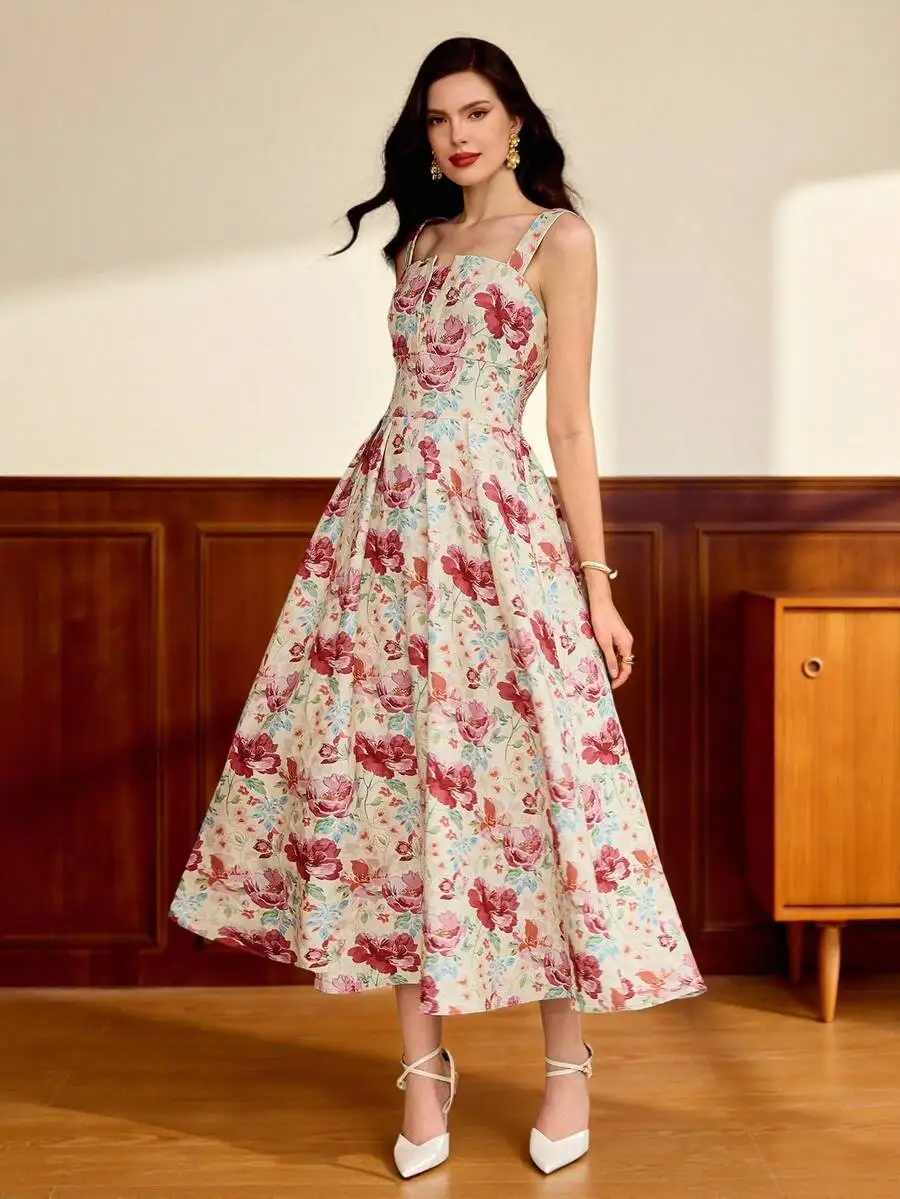 Vintage Elegant Womens Floral Print Midi Dress With Umbrella Hem
Vintage Elegant Womens Floral Print Midi Dress With Umbrella Hem