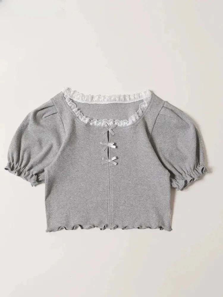Summer New Lantern Short-Sleeve T Shirt Bow Short T-shirt High Elastic Cotton Lace Splicing Sweet Cute Girls Versatile Top
Summer New Lantern Short-Sleeve T Shirt Bow Short T-shirt High Elastic Cotton Lace Splicing Sweet Cute Girls Versatile Top