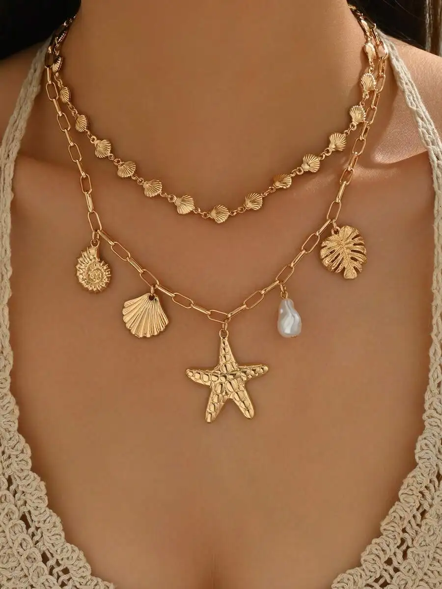 2pcs/Set Bohemian Style Versatile Shell Handmade Chain Necklace With Alloy Starfish & Shell Pendant, Suitable For Daily Wear, Va
2pcs/Set Bohemian Style Versatile Shell Handmade Chain Necklace With Alloy Starfish & Shell Pendant, Suitable For Daily Wear, Va