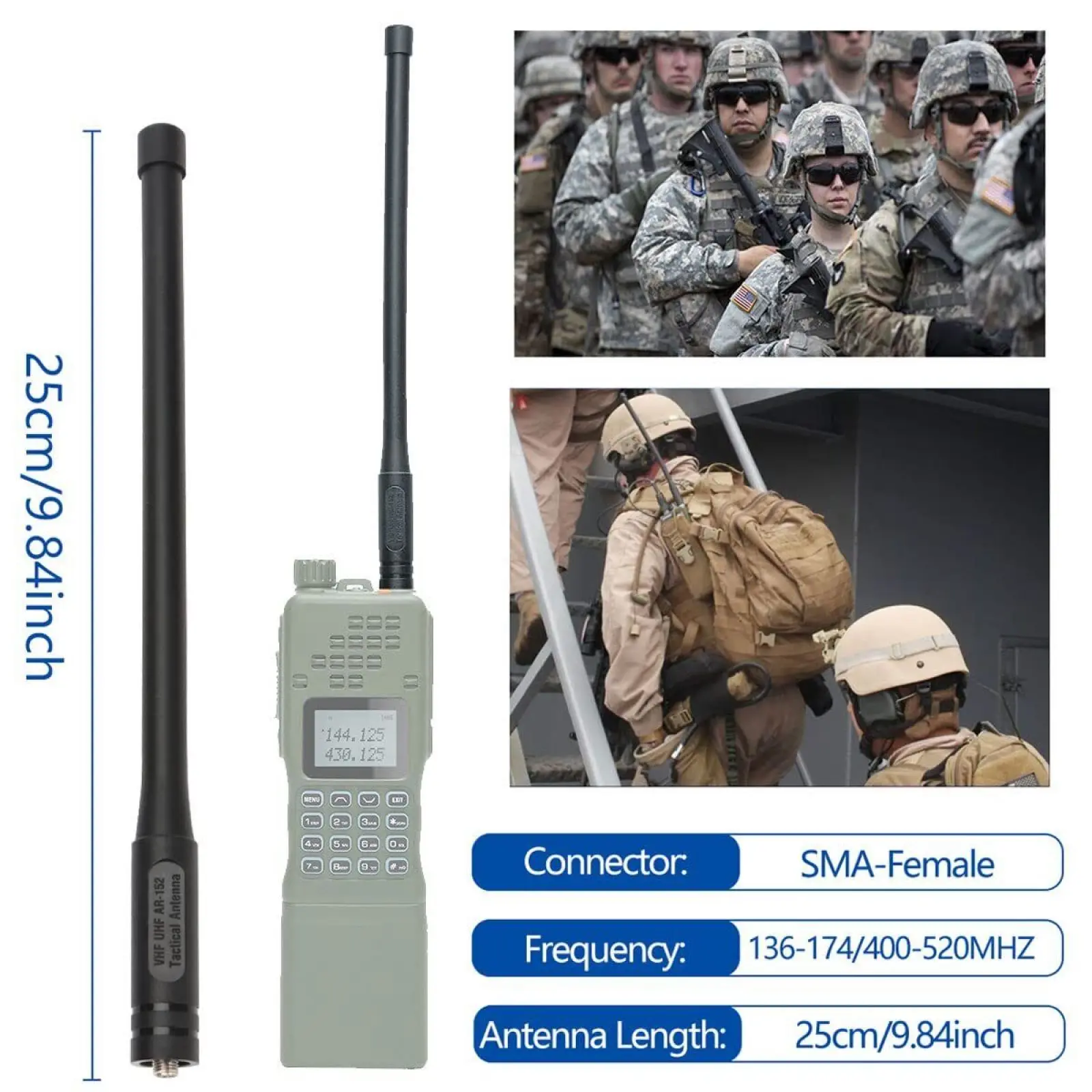 Рация 25 см, тактическая антенна SMA, женская, Двухдиапазонная, для BaoFeng, AR-152 UV-5R UV-82 BF-888S, аксессуары для двусторонней радиосвязи
Рация 25 см, тактическая антенна SMA, женская, Двухдиапазонная, для BaoFeng, AR-152 UV-5R UV-82 BF-888S, аксессуары для двусторонней радиосвязи