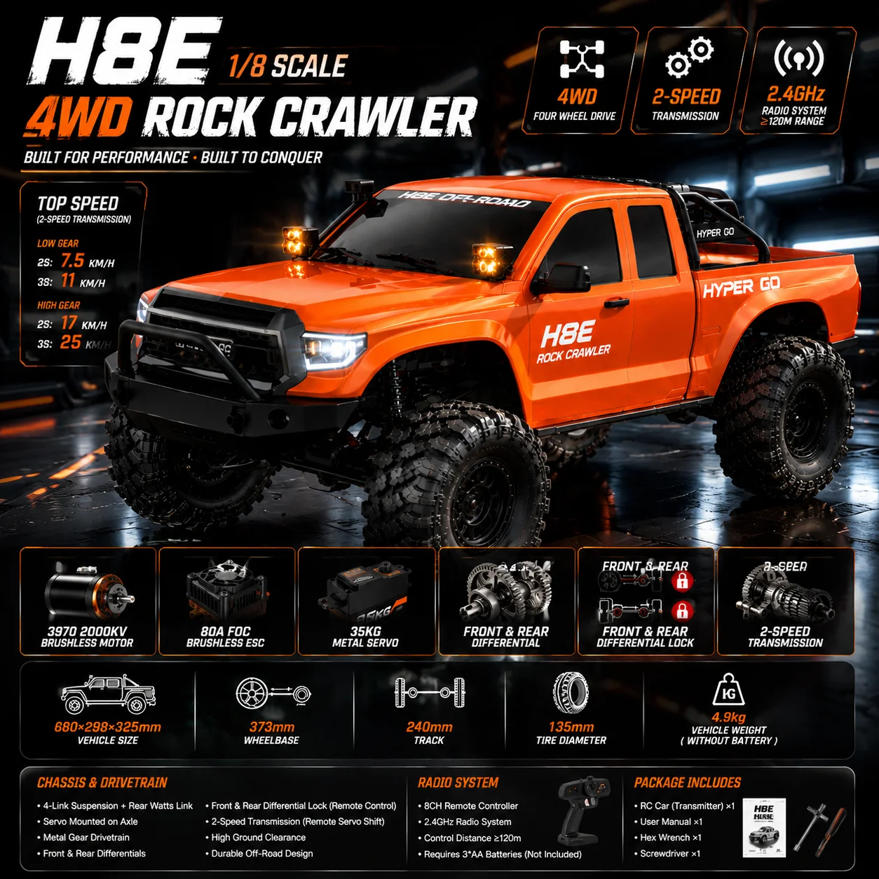 H8E 1/8 Scale 4WD RC Rock Crawler 2-Speed Transmission Brushless Motor Front & Rear Differential Lock, 2.4GHz Off-Road Truck RTR
H8E 1/8 Scale 4WD RC Rock Crawler 2-Speed Transmission Brushless Motor Front & Rear Differential Lock, 2.4GHz Off-Road Truck RTR
