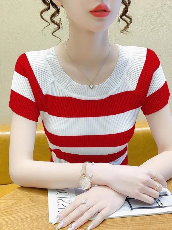 Summer 2026 Slim Fit Color Block Stripe T-Shirt Ice Silk Low round Neck Knitted Base Top Women's Fashionable Versatile Knitwear
Summer 2026 Slim Fit Color Block Stripe T-Shirt Ice Silk Low round Neck Knitted Base Top Women's Fashionable Versatile Knitwear
