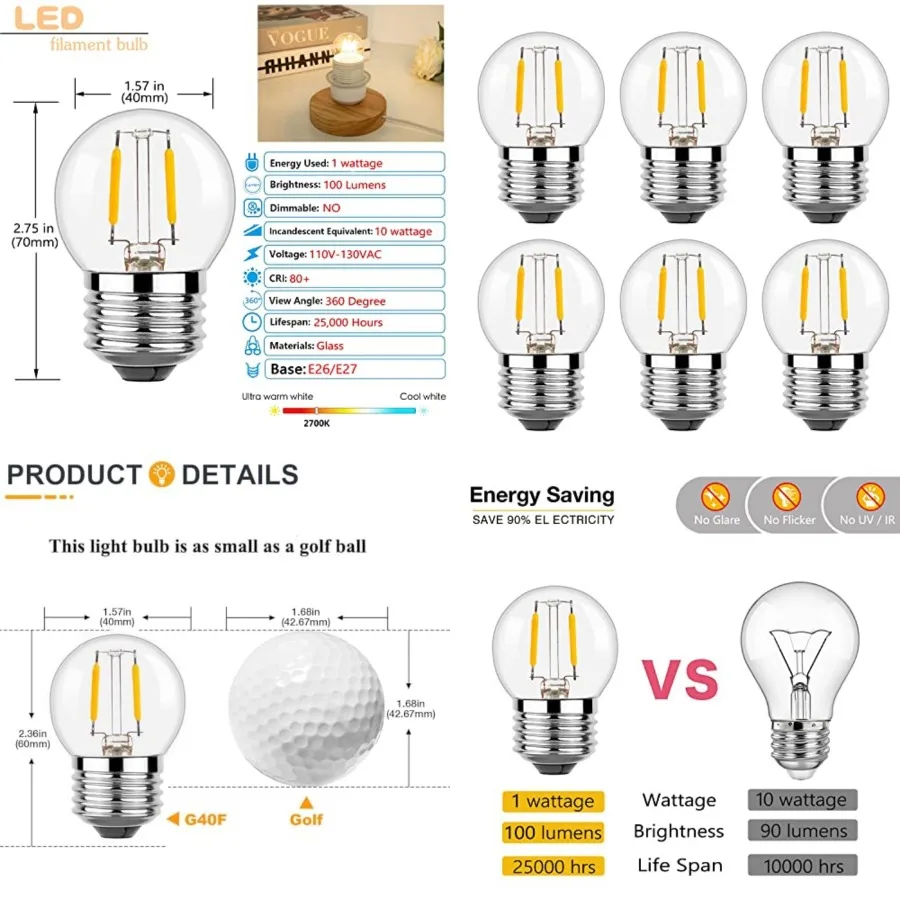 G40 E26 1W Low Wattage LED Vintage Bulbs Small Globe Nightlight 10 Watt Edison Style Bulb, 2700K Warm White Non Dimmable 6Pack
G40 E26 1W Low Wattage LED Vintage Bulbs Small Globe Nightlight 10 Watt Edison Style Bulb, 2700K Warm White Non Dimmable 6Pack