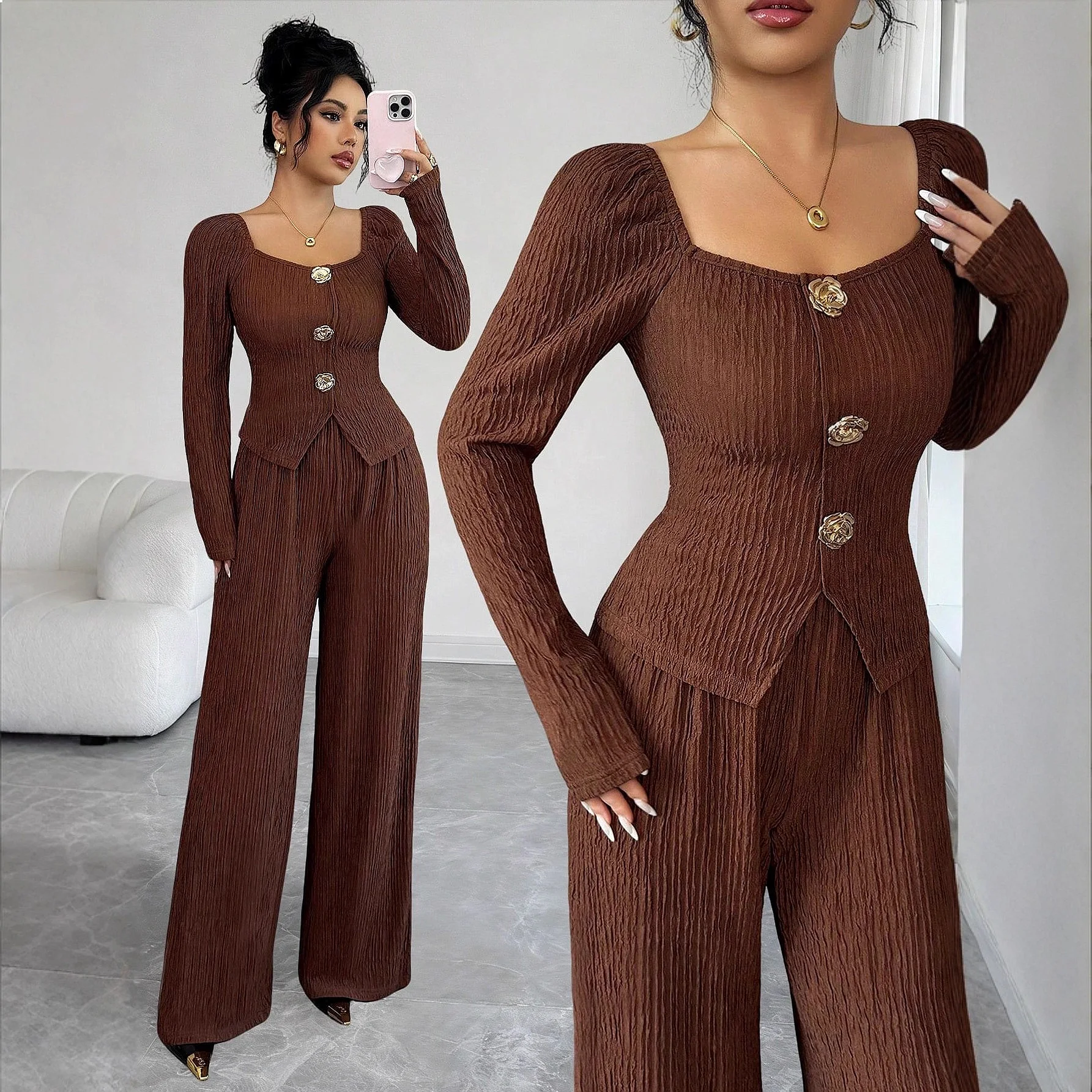 Knitted Textured Solid Square Neck Metal Rose Button Slim Fit Matching Set Women Tops Sets
Knitted Textured Solid Square Neck Metal Rose Button Slim Fit Matching Set Women Tops Sets