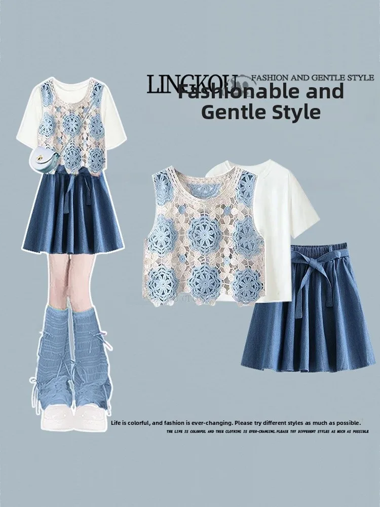 Summer Design Large Size Knitted Hollow out Vest T-Shirt And Short Skirt Three Piece Set Women's Fashion Retro Style Ensemble
Summer Design Large Size Knitted Hollow out Vest T-Shirt And Short Skirt Three Piece Set Women's Fashion Retro Style Ensemble