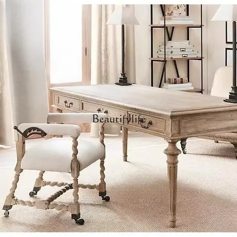 **Fransız Amerikan Masif Ahşap Masa Meşe Yazı Masası Yıpranmış Beyaz Masa