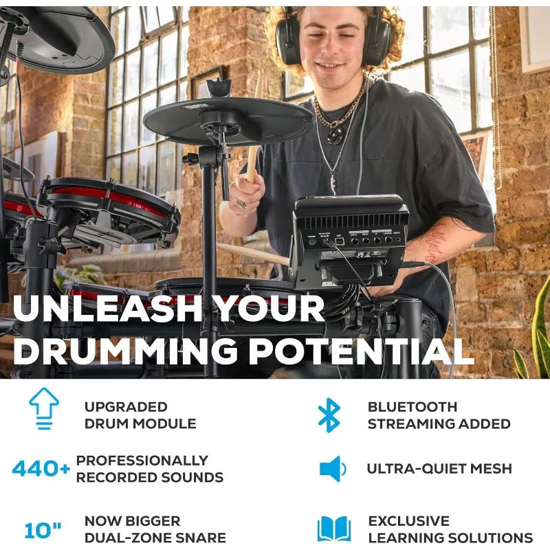 Kit 10 Piece Electric Drum Set with Quiet Mesh Pads, 10" Dual Zone Snare, Bluetooth, 440+ Sounds, Drumeo, USB MIDI, Kick Pedal
Kit 10 Piece Electric Drum Set with Quiet Mesh Pads, 10" Dual Zone Snare, Bluetooth, 440+ Sounds, Drumeo, USB MIDI, Kick Pedal