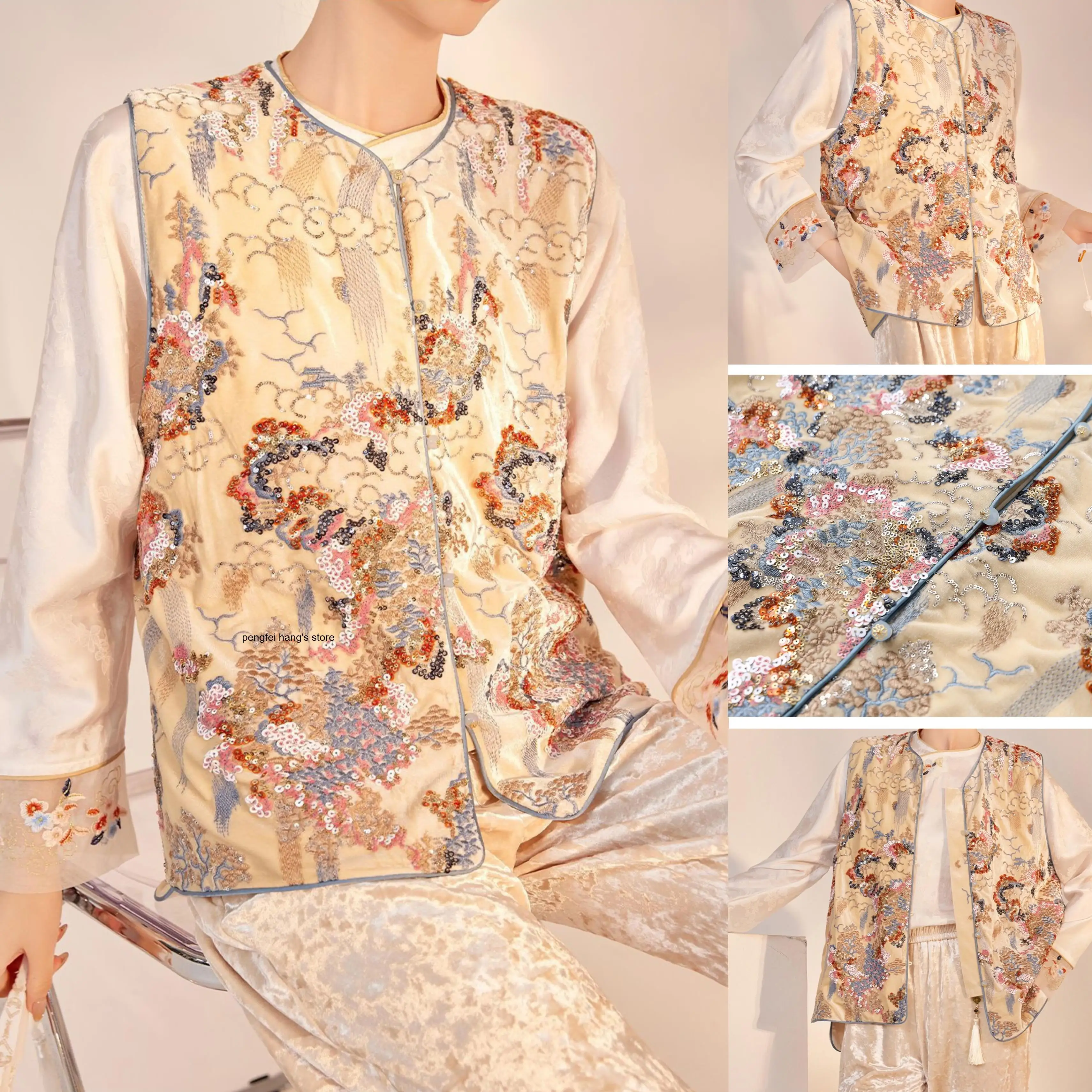 Luxury Chinese Style Tang Suit Top, Sleeveless Embroidered Sequin Vest, Elegant Improved Hanfu & Cheongsam Jacket for Women
Luxury Chinese Style Tang Suit Top, Sleeveless Embroidered Sequin Vest, Elegant Improved Hanfu & Cheongsam Jacket for Women