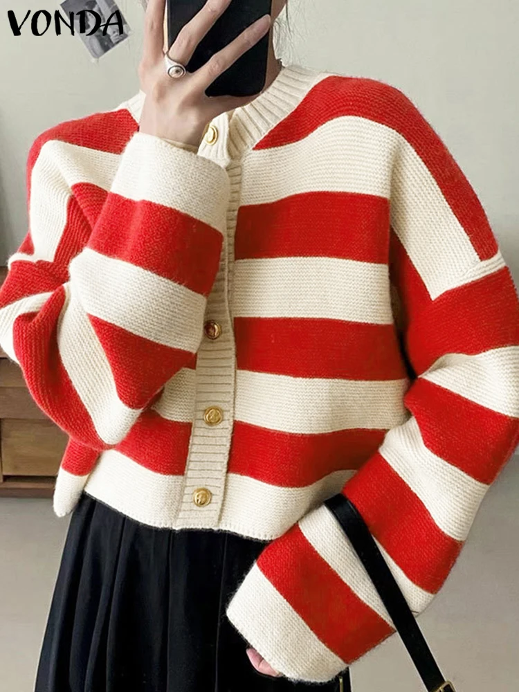 VONDA Women Fashion Cardigans Long Sleeve Striped Sweaters Autumn Knitted Jumpers 2025 Winter Casual Loose Knitwear Buttons Tops 
VONDA Women Fashion Cardigans Long Sleeve Striped Sweaters Autumn Knitted Jumpers 2025 Winter Casual Loose Knitwear Buttons Tops