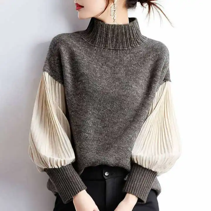 Loose Knitted Top with Pleated Sleeve Color Block High Collar Casual Fashion Women's Polyester Cotton Blend Long Sleeve Shirt
Loose Knitted Top with Pleated Sleeve Color Block High Collar Casual Fashion Women's Polyester Cotton Blend Long Sleeve Shirt